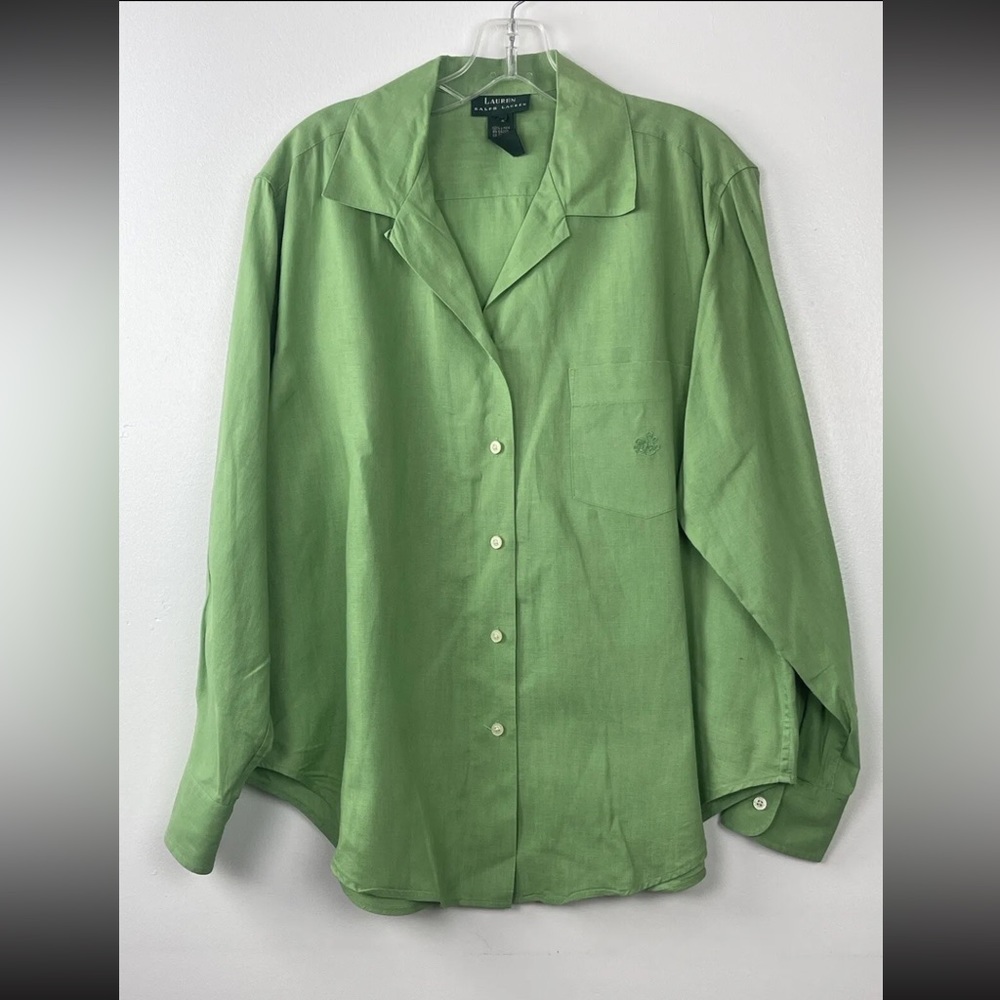 Lauren Ralph Lauren Women 100% Linen Shirt Size Large Green Long Sleeve Classic